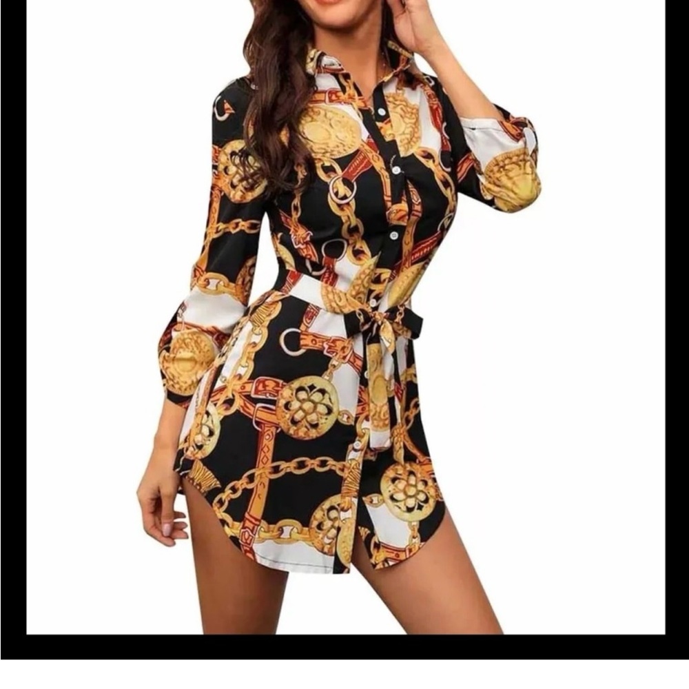 Luxury inspired Chain print dress;
Classic retro style with belt
